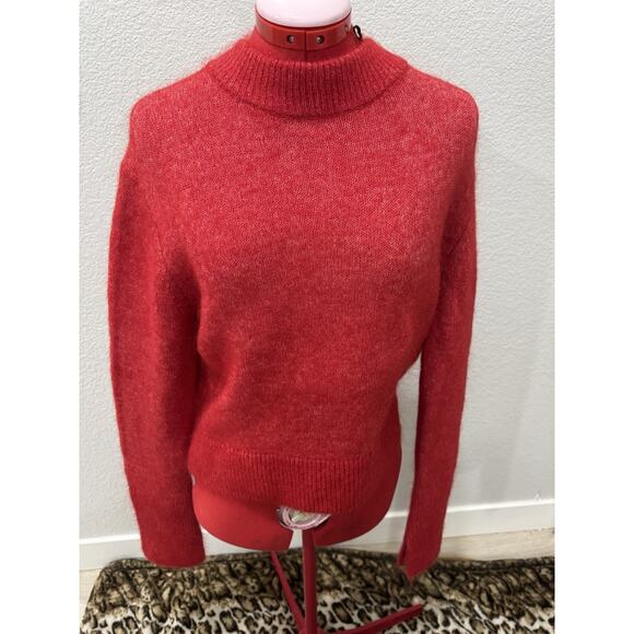Red Mohair Blend Knit Sweater Cozy Ribbed Mock Neck Pullover Top - Picture 5 of 7